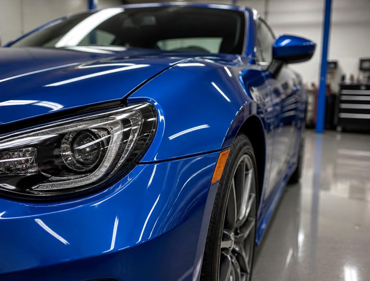 Freshly repaired and polished blue sports car at M & M Body